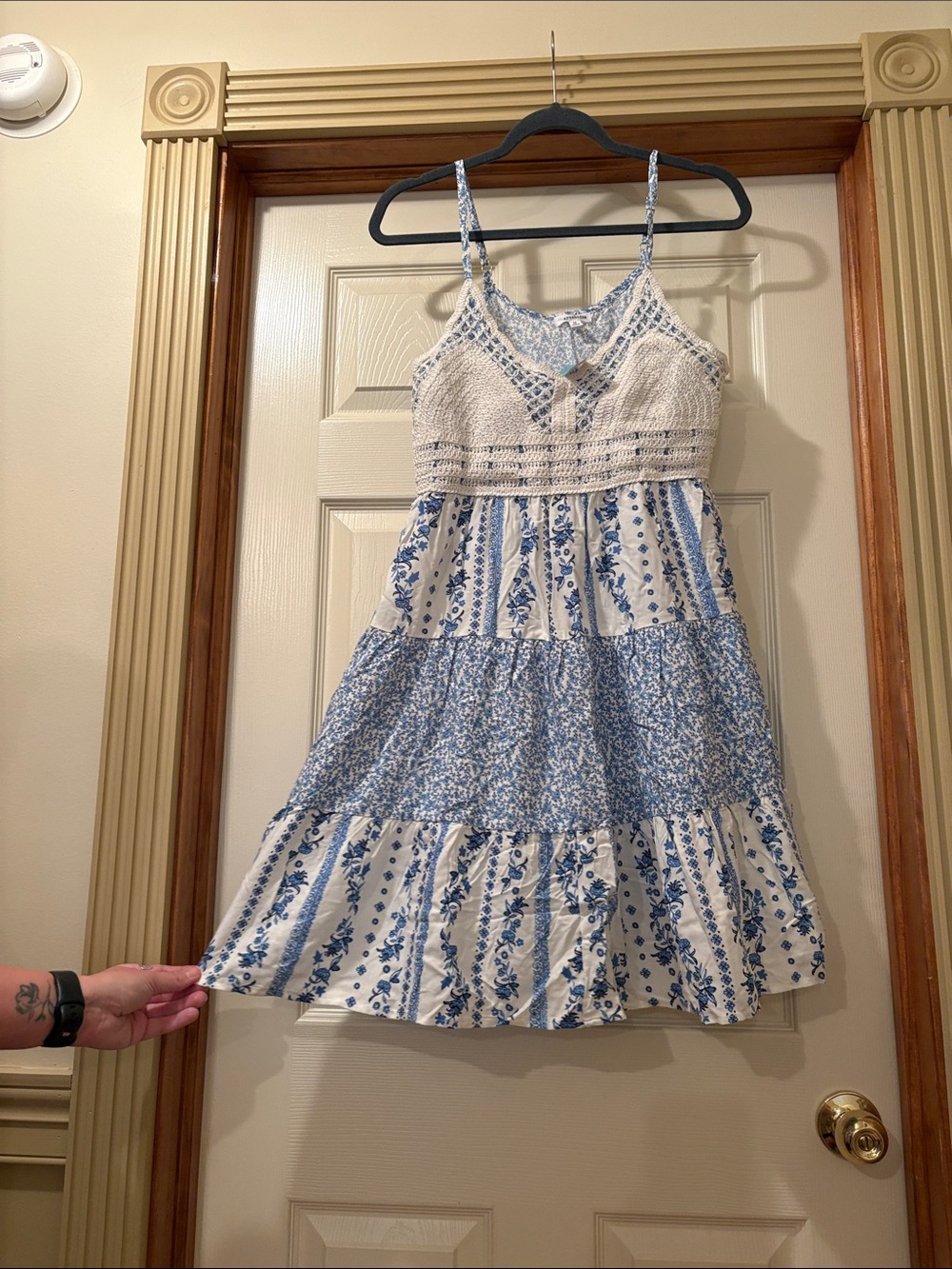 Maurices White and Blue Floral Crochet Bodice Mini Dress